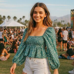 By Together Crop Top Small Green Floral Boho Chic Y2K Babydoll Festival Milkmaid
